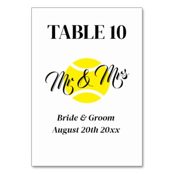 Fun Mr & Mrs Yellow Tennis Ball Logo Wedding Table Number by imagewear at Zazzle