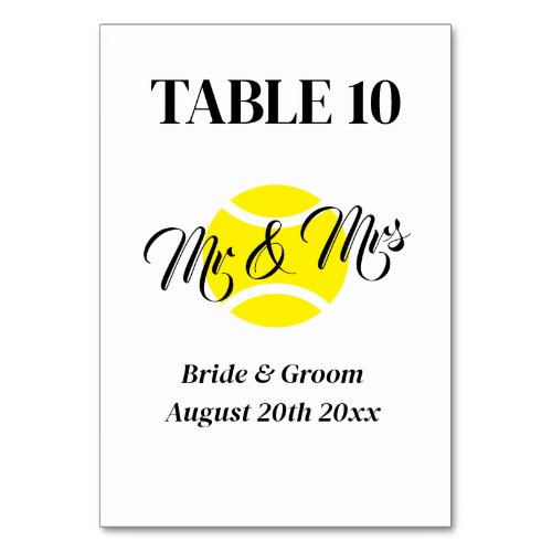 Fun Mr  Mrs yellow tennis ball logo wedding Table Number