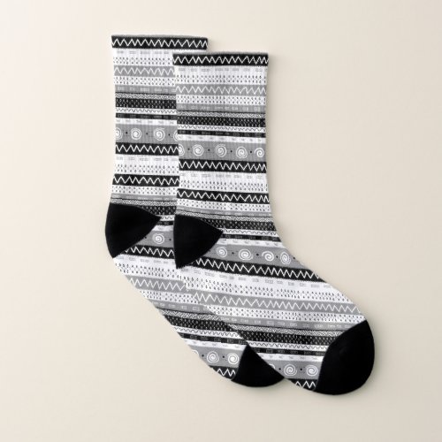 Fun Multi Patterned Zigzag Stripes Black  White Socks