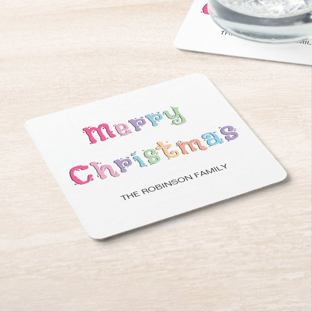 Fun Multicolor Merry Christmas Square Paper Coaster (Angled)