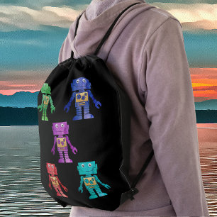 Fun Multicolor Robots on Black Drawstring Bag