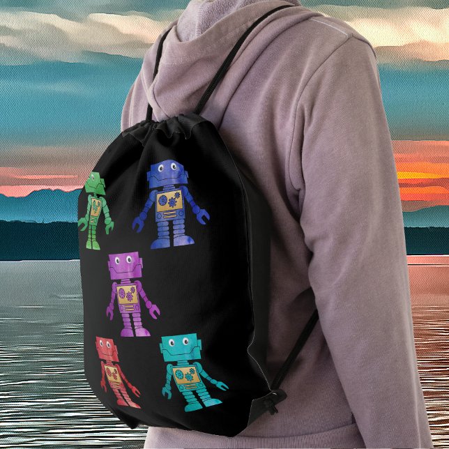 Fun Multicolor Robots on Black Drawstring Bag (Creator Uploaded)