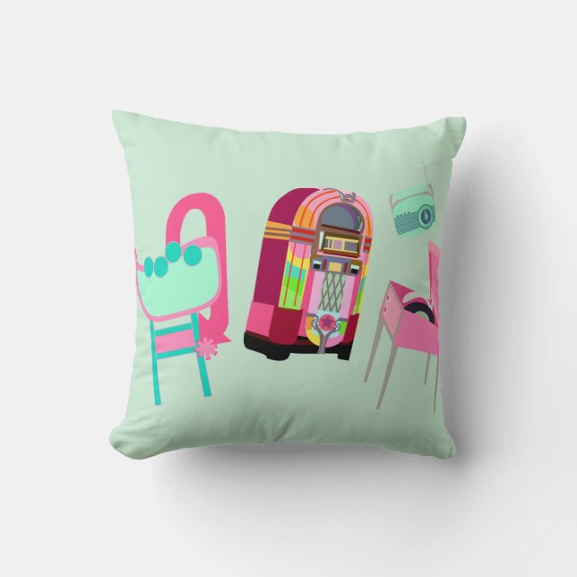 Fun Music Fifties Jukebox Cute Retro Art Throw Pillow (Front)