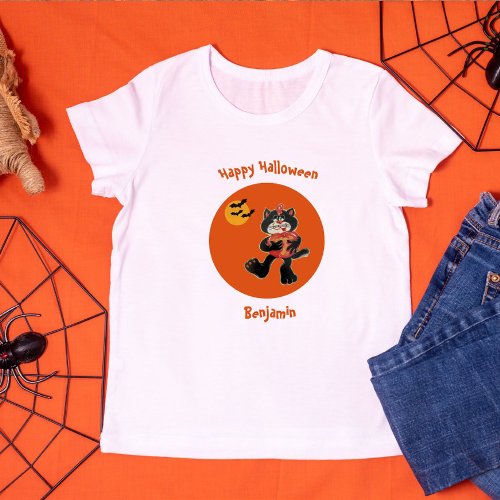 Fun Name Halloween Cute Black Cat Moon Bats Toddler T_shirt