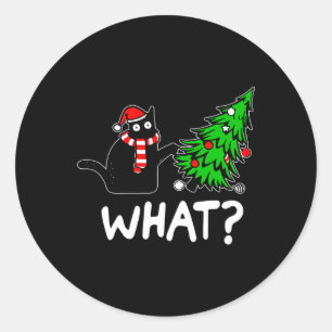 Fun Naughty Black Cat Pushing Christmas Tree Over  Classic Round Sticker