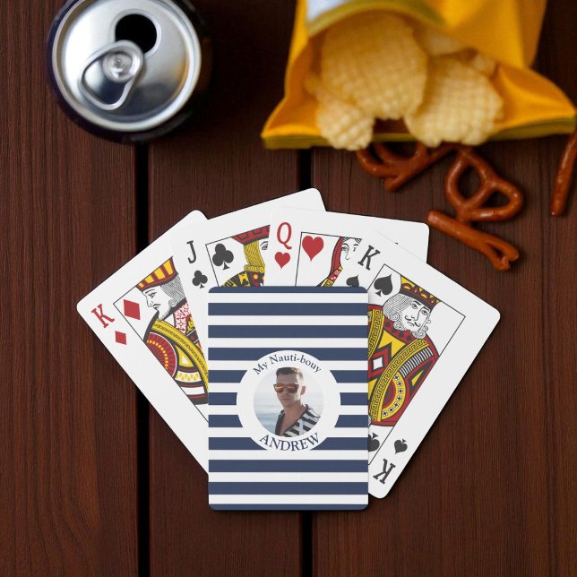 Fun Nautical Blue Striped Personalized Photo  Poker Cards (Creator Uploaded)