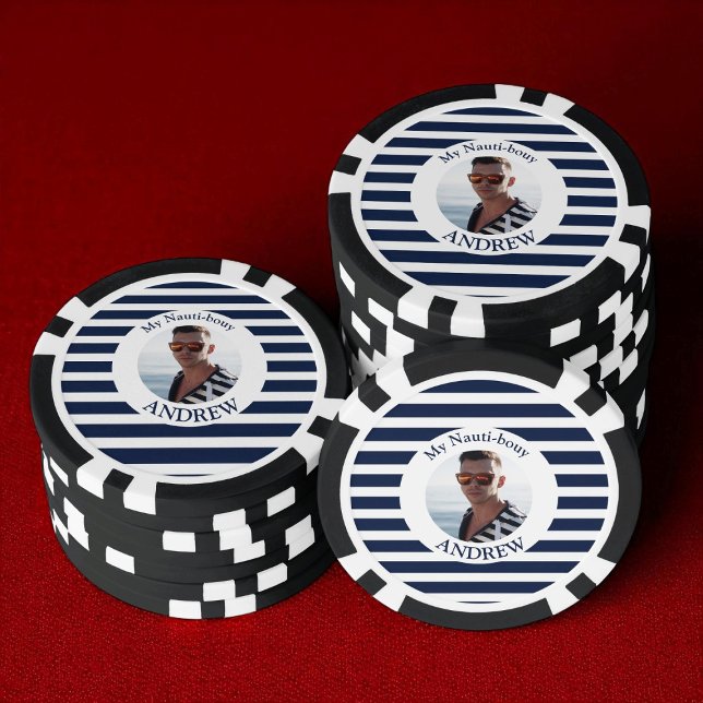 Fun Nautical Blue Striped Personalized Photo  Poker Chips (Creator Uploaded)