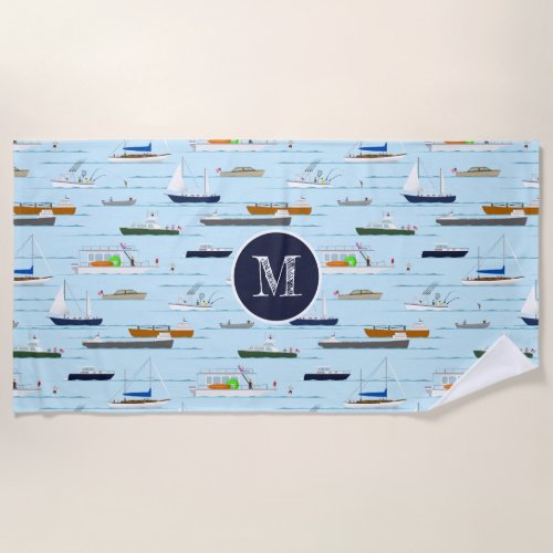 Fun nautical boating pattern A Day on the River Beach Towel