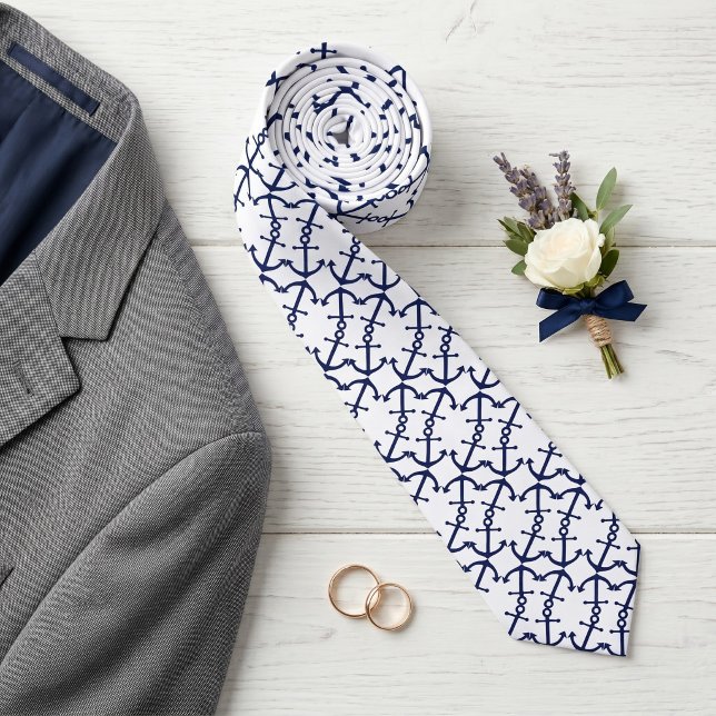 Fun Nautical Dark Blue Anchor Pattern On White Neck Tie (Creator Uploaded)
