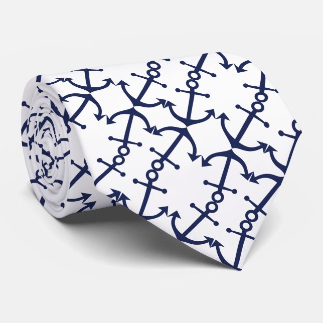 Fun Nautical Dark Blue Anchor Pattern On White Neck Tie (Rolled)