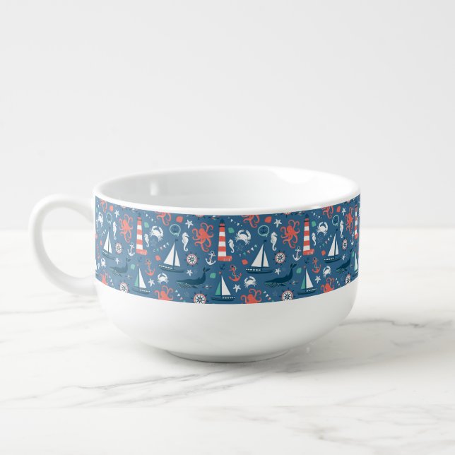 Fun Nautical Graphic Pattern Soup Mug (Right)