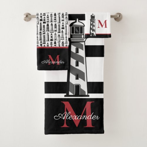 Fun Nautical Red Black White Stripe Lighthouse Bath Towel Set