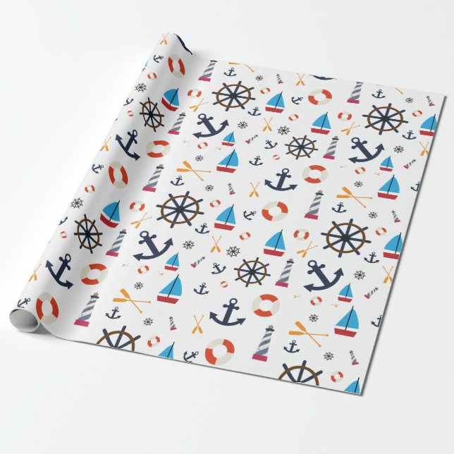 Fun Nautical Sailboat Lighthouse Ocean Sea Pattern Wrapping Paper (Unrolled)