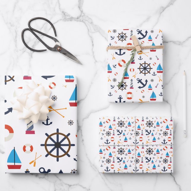 Fun Nautical Sailboat Lighthouse Ocean Sea Pattern Wrapping Paper Sheets (Front)