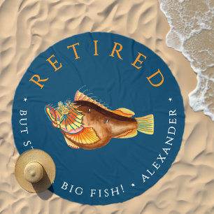 Fun Navy Blue Big Fish Nautical Retire Watercolor Beach Towel