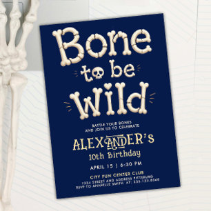 Fun Navy Blue Bone To Be Wild Skull Cartoon Invitation