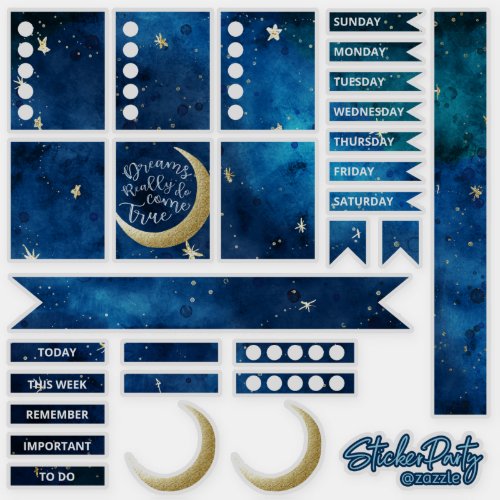 Fun Navy Blue  Gold Moon  Stars Planner Stickers