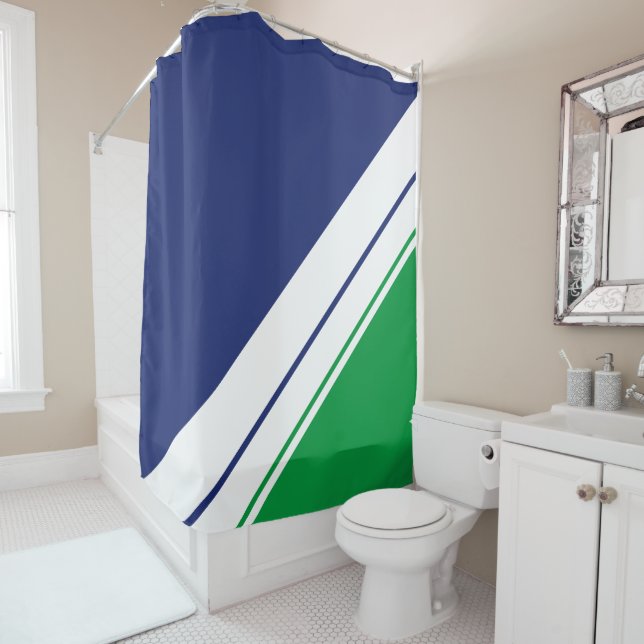 Fun Navy Blue Kelly Green White Racing Stripes Shower Curtain (In Situ)