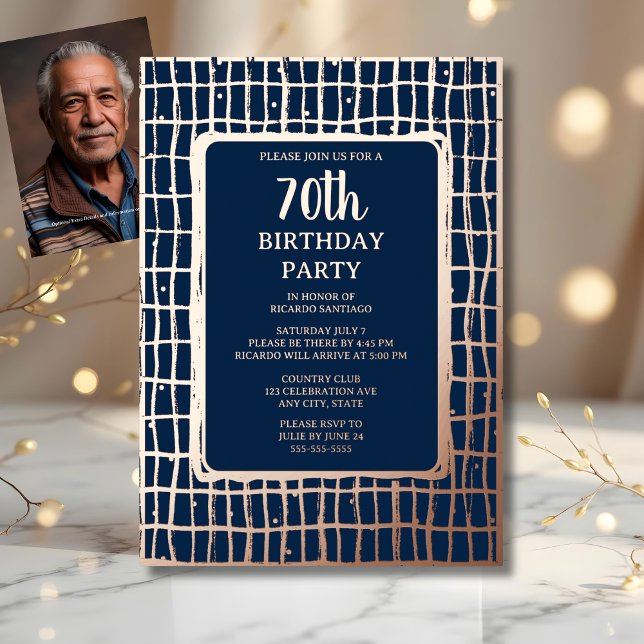Fun Navy Champagne 70th Custom Birthday Party  Foil Invitation (Creator Uploaded)