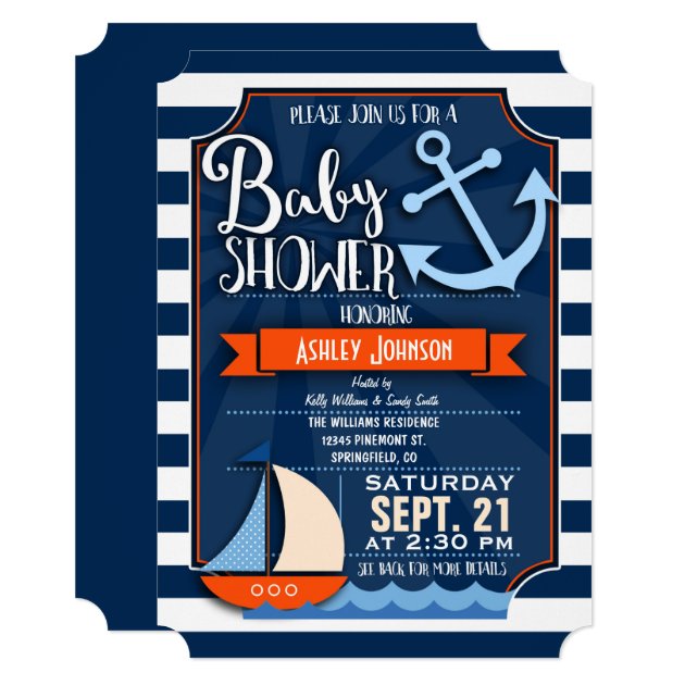 Fun, Navy, Orange, & White Nautical Baby Shower Invitation