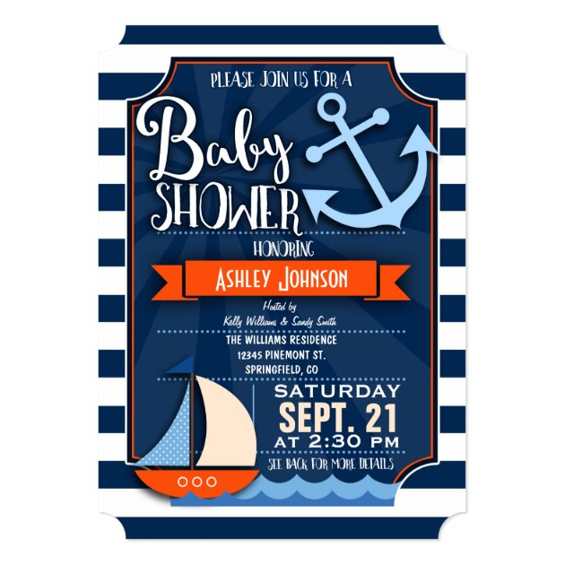 Fun, Navy, Orange, & White Nautical Baby Shower Invitation