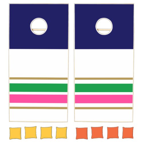 Fun Navy Top Pink Green Bottom Edge Racing Stripes Cornhole Set