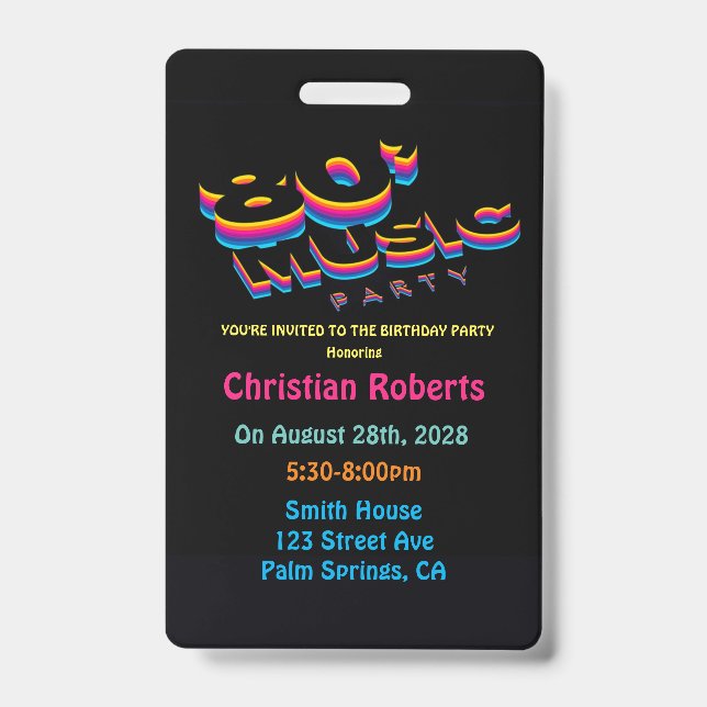 Fun Neon 80’s Music Birthday Party Badge (Front)