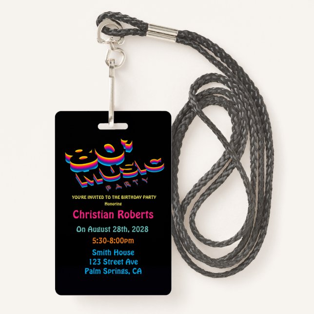 Fun Neon 80’s Music Birthday Party Badge (Front with Lanyard)