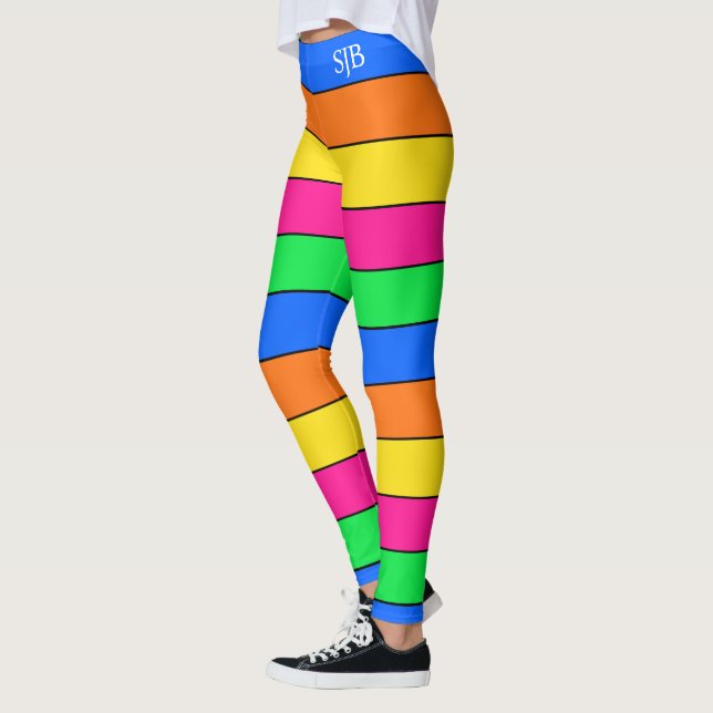 FUN NEON COLOR FLUORESCENT STRIPE PATTERN MONOGRAM LEGGINGS (Left)