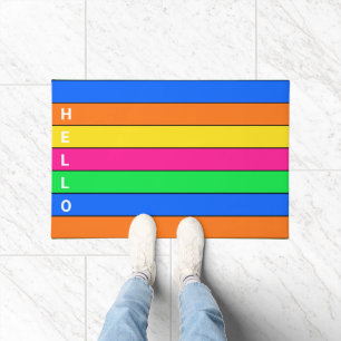 FUN NEON FLUORESCENT COLOR STRIPE LINES HELLO TEXT DOORMAT