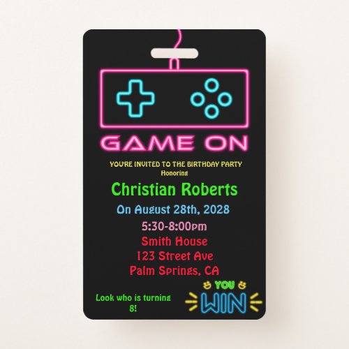 Fun Neon Gamer Birthday Birthday Party Badge