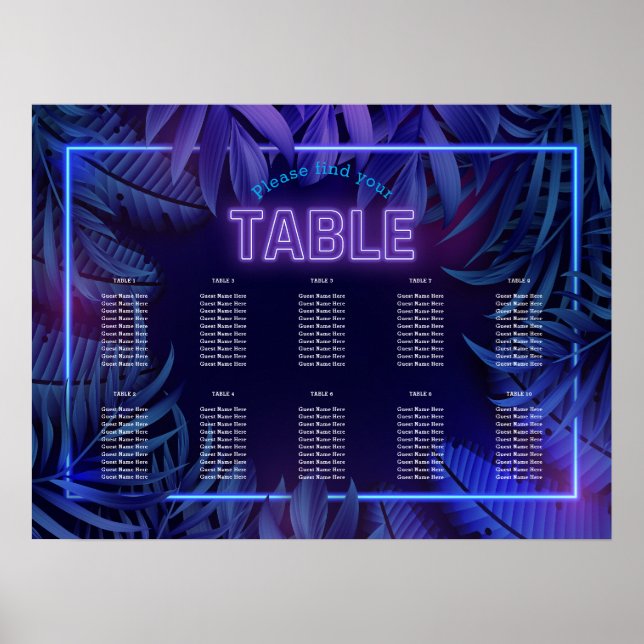 Fun Neon Glow Birthday Downloadable Seating Chart (Front)