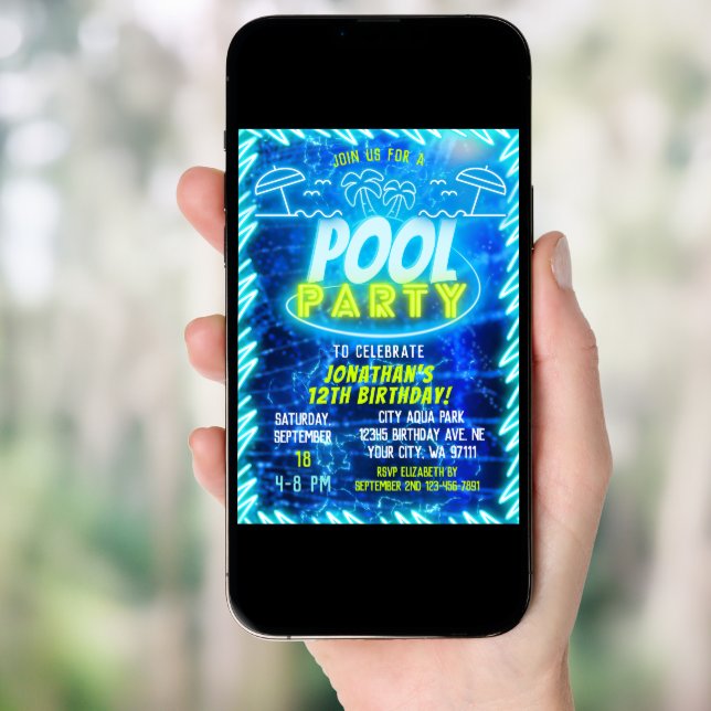 Fun Neon Glow Blue Green Pool Party Boys Birthday Invitation (Front Digital)