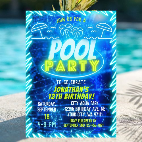 Fun Neon Glow Blue Green Pool Party Boys Birthday Invitation