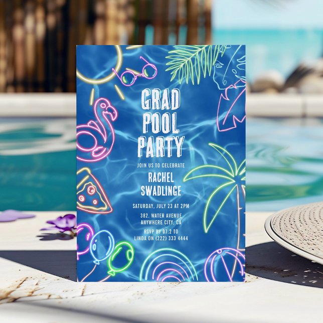 Fun Neon Graduation Pool Party  Invitation (Creator Uploaded)