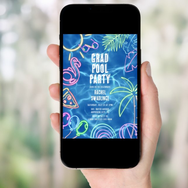 Fun Neon Graduation Pool Party  Invitation (Front Digital)