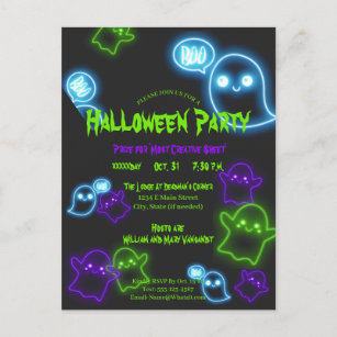 Fun Neon Green Ghosts Halloween Party Invitation Postcard