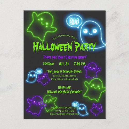 Fun Neon Green Ghosts Halloween Party Invitation Postcard