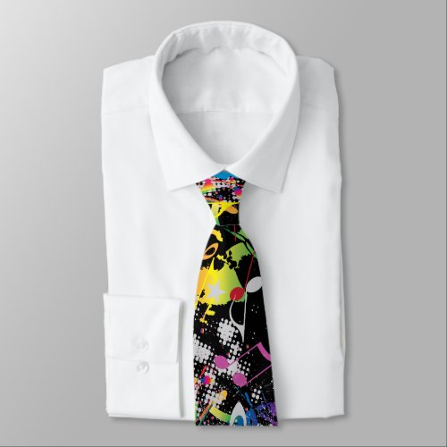 Fun Neon Paint Splatter with Music Notes on BLACK Neck Tie