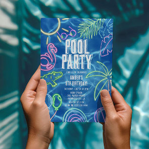 Fun Neon Pool Party Birthday Invitation