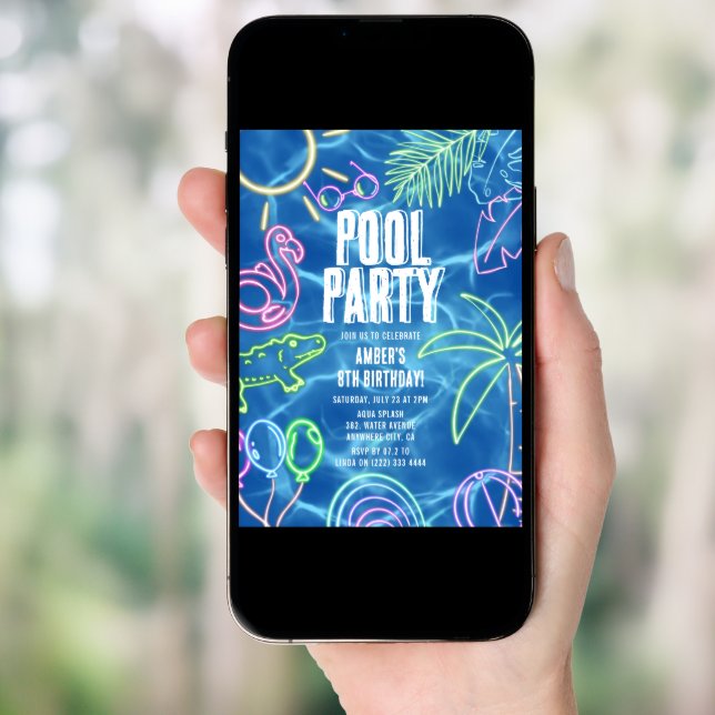 Fun Neon Pool Party Birthday Invitation (Front Digital)