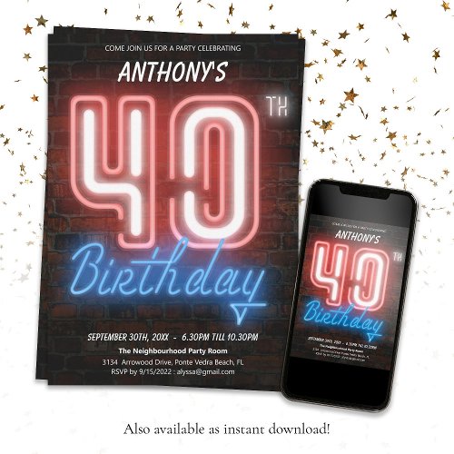 Fun Neon Retro 40th Birthday Party Invitation