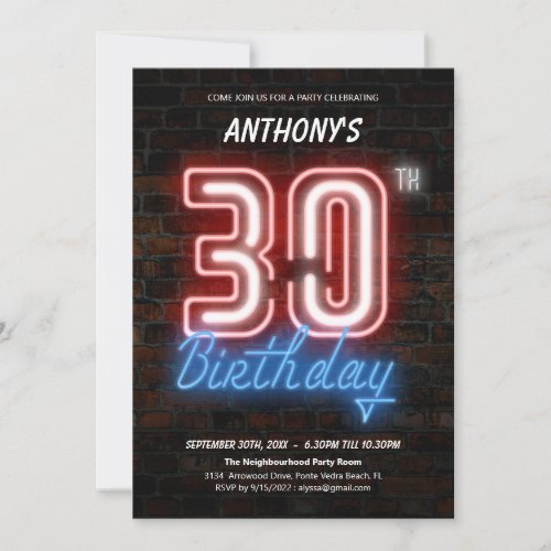 Fun Neon Sign 30th Birthday 80s Retro Custom Invitation