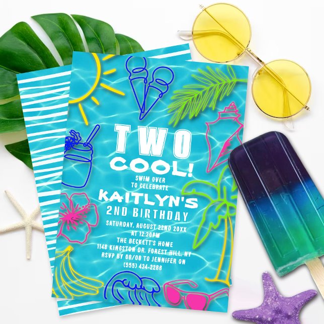 Fun Neon Two Cool Summer 2nd Birthday Invitation (Creator Uploaded)