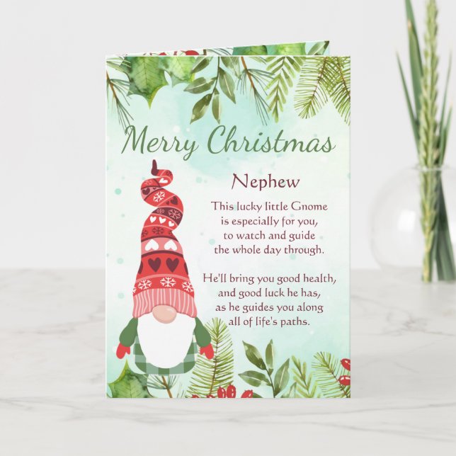 Fun Nephew Christmas Lucky Gnome  Card (Front)