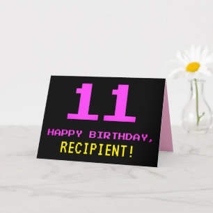 Fun, Nerdy, Geeky, Pink, 8-Bit Style 11th Birthday Card