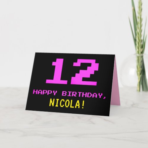 Fun Nerdy Geeky Pink 8_Bit Style 12th Birthday Card