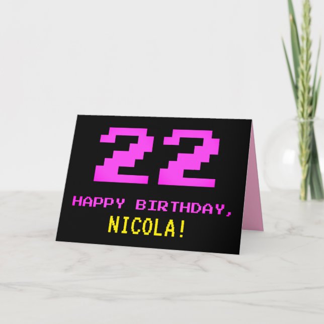 Fun, Nerdy, Geeky, Pink, 8-Bit Style 22nd Birthday Card (Front)