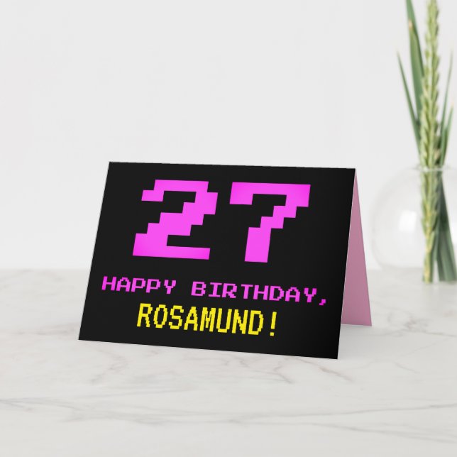 Fun, Nerdy, Geeky, Pink, 8-Bit Style 27th Birthday Card (Front)