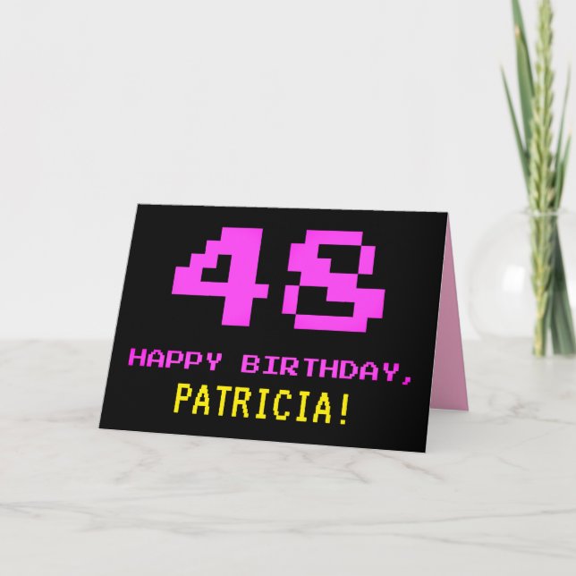Fun, Nerdy, Geeky, Pink, 8-Bit Style 48th Birthday Card (Front)
